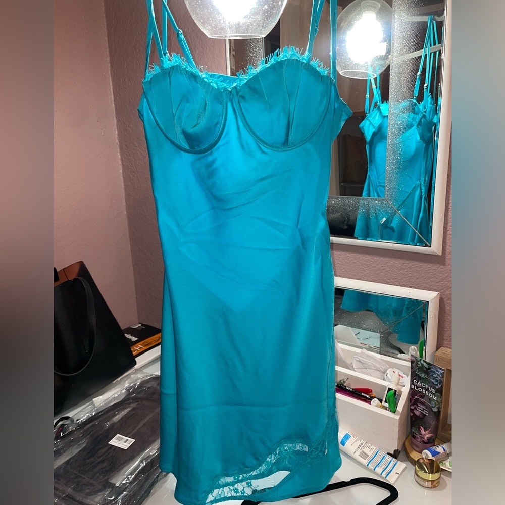 COPY - Meshki |Brand New |Satin Lace Slip Mini Dress - Aquamarine | size M